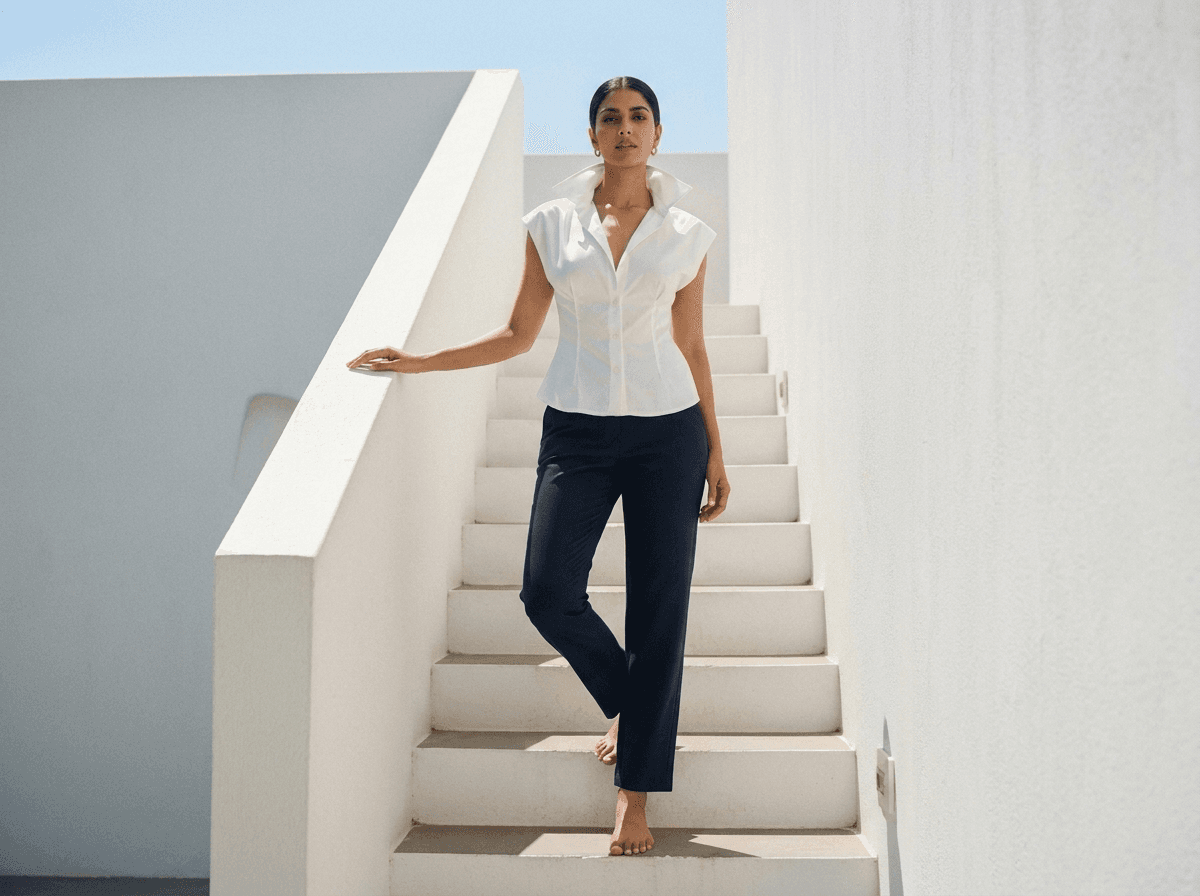 Solo editorial shot: a model in a white top and navy trousers descending a whitewashed outdoor staircase in hard daylight.