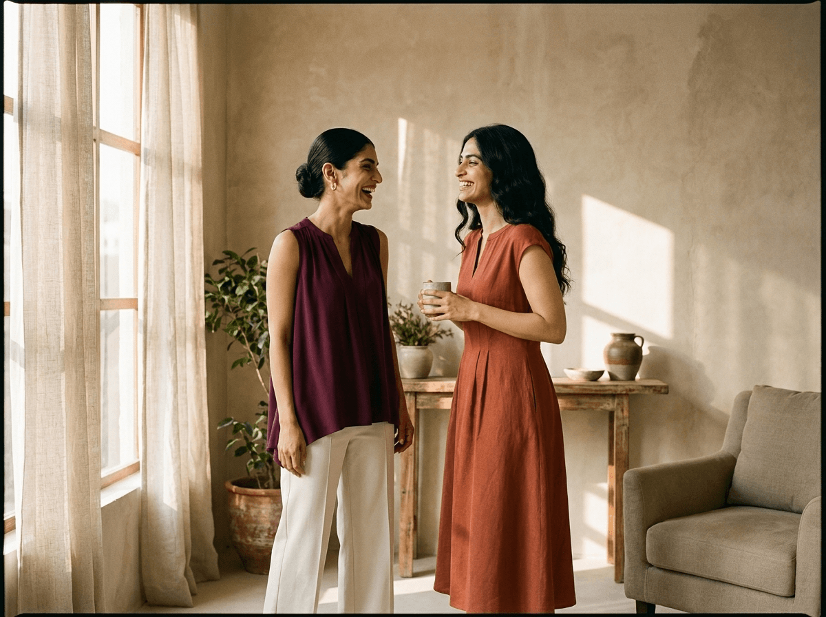 Lifestyle duo shot: two models laughing together indoors in a sunlit room, one holding a mug, styled in a burgundy top and a rust-coloured dress.