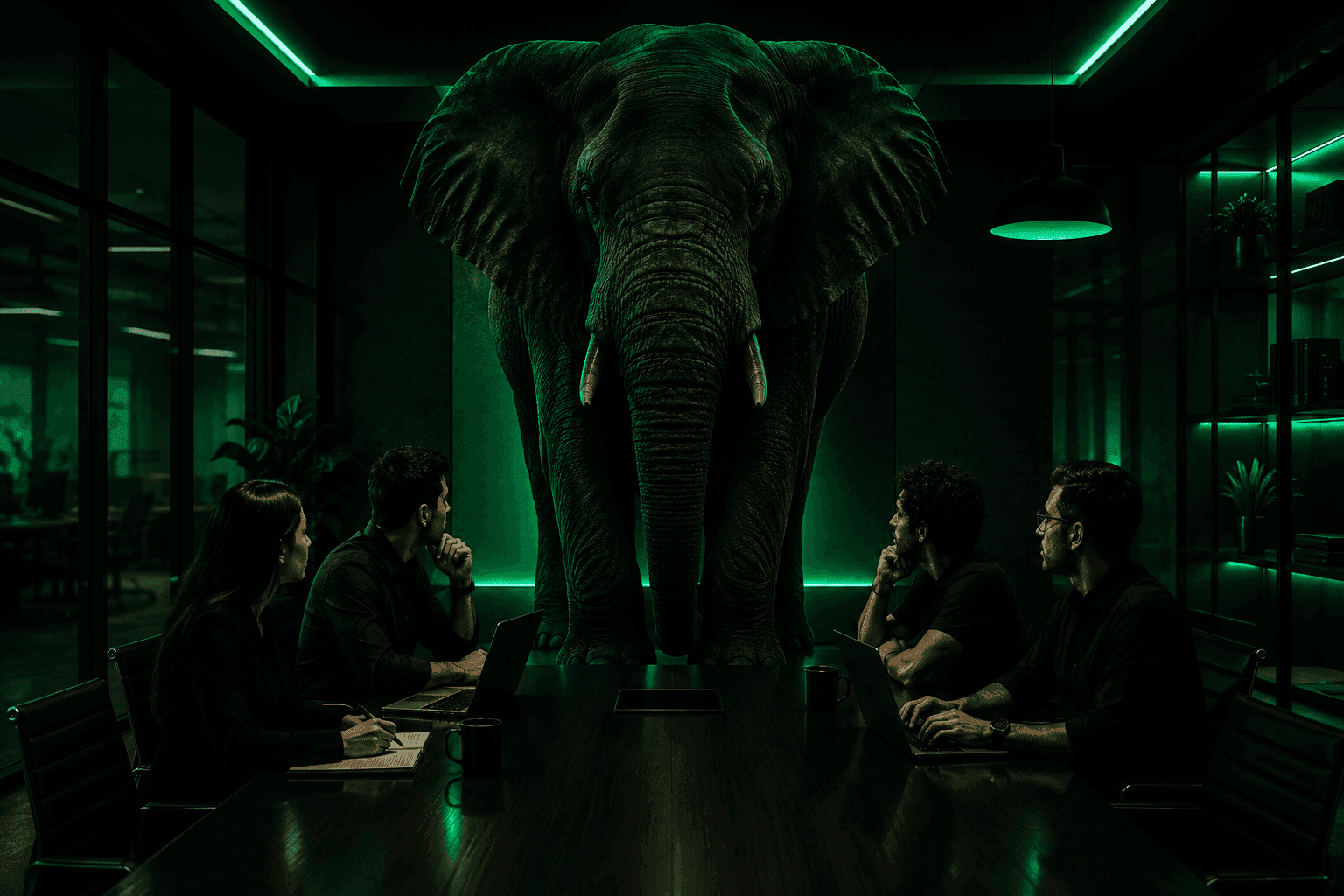 A boardroom lit in green with an elephant standing at the head of the table, while four people in a meeting look anywhere but at it.