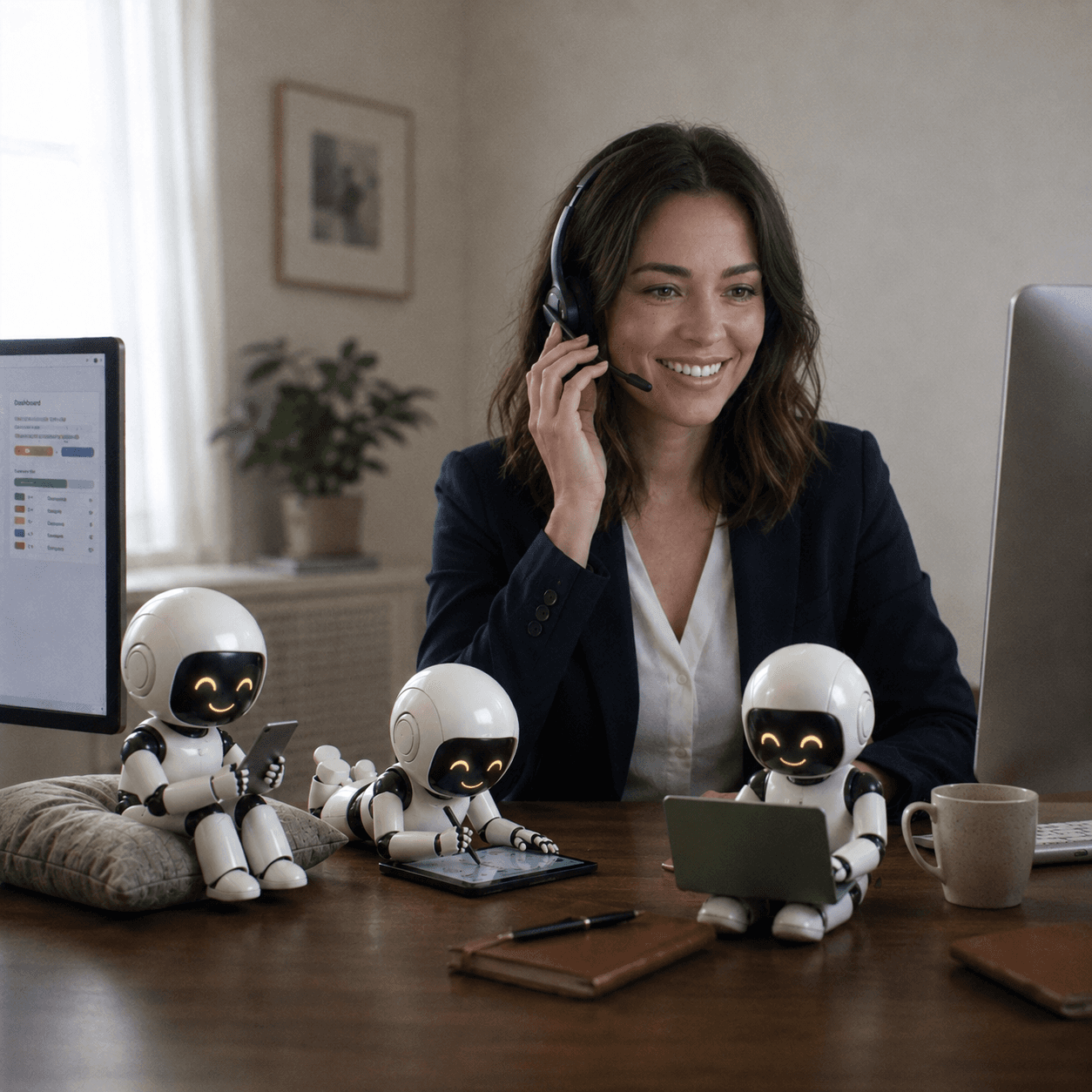 AI support agent with three robot assistants handling customer tickets