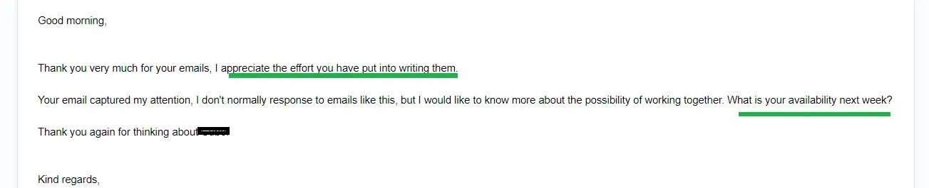 Prospect reply asking about availability next week to discuss working together